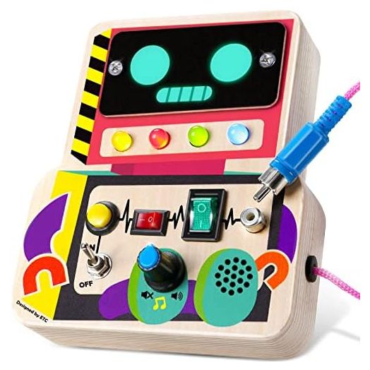 CozyBomB™ Sensory Busy Board Toddler Toys - Montessori Wooden Robot Button with Wires Sounds Travel Early Age Educational Puzzles Gift Toys LED Light for Boys and Girls from Ages 3 4 5 6 Years Old