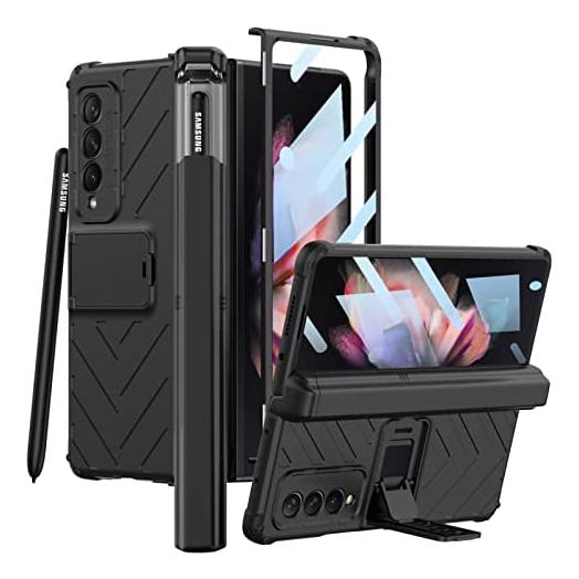 Libeagle Compatible with Samsung Galaxy Z Fold 3 Case with [Built in Hidden S Pen Holder to Avoid Pen Lost] [Full Hinge Protection][Heavy Duty Protective][Screen Protector] Stand Cover 5G 2021-Black
