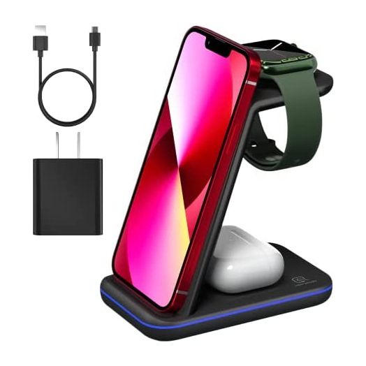 Wireless Charger 3 in 1 for iPhone/iWatch/Airpods Device, Qi Certified Charging Station/Stand Compatible for Apple Watch 7/6/SE/5/4/3/2, for iPhone 13,12,11 (Pro, Max)/XS/XR/XS/X/8, Airpods 3/Pro/2