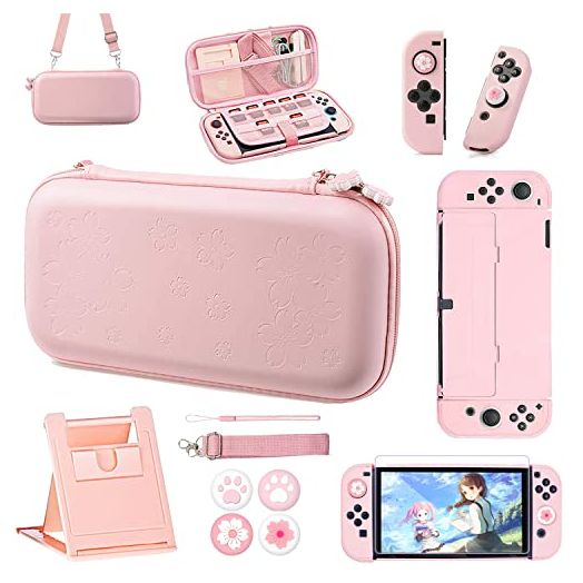 OLDZHU Pink Travel Carrying Case Accessories Kit Compatible with Nintendo Switch OLED 2021,10 in 1 Protection Kits with Hard Protective Cover,Glass Screen Protector,Adjustable Stand,Thumb Grip Caps