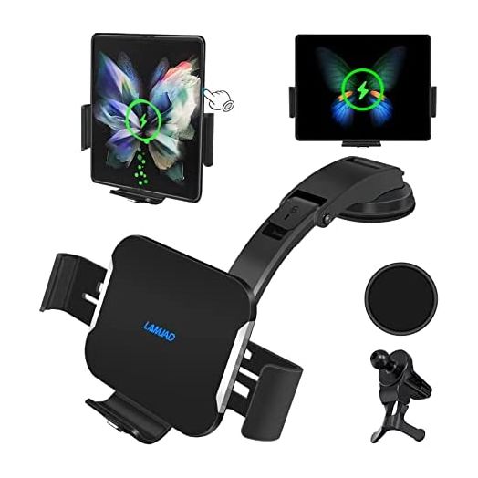 Dual Coils Fast Wireless Car Charger,LAMJAD 15W Smart Qi Car Mount Phone Holder for Air Vent&Dashboard,Compatible with Samsung Galaxy z Fold 4/3/2/13 Series/12 Series/Pixel 6/S22 Ultra/S21/Note 20