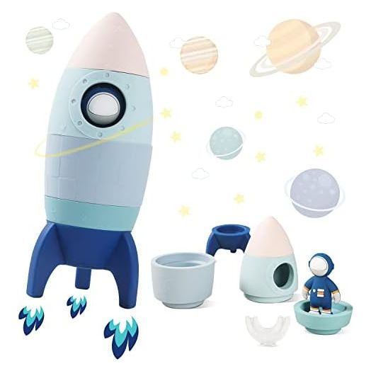 Silicone Rocket Stacking Toy - Space Rocket Toy - Baby Teething Toys -Early Learning Stacking Tower Educational Learning Stacking Toys Nesting Toy for Early Educational for Infants (Blue)