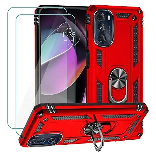 Muntinfe for Motorola Moto G 5G 2022 Case with 2 Pcs Tempered Glass Screen Protector, Military-Grade Armor Shockproof Protective Phone Cover with Ring Magnetic Kickstand for Moto G 5G, Red