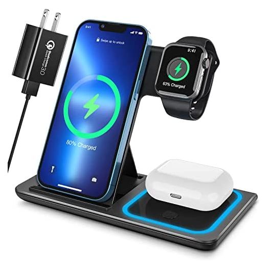 Wireless Charger, 3 in 1 Fast Wireless Charging Station Dock Compatible with iPhone 13/12/11/Pro/XS/XR/X/SE/8/8 Plus, 18W Wireless Charger Stand Compatible with Apple Watch Series 6/5/4/3/2/AirPods