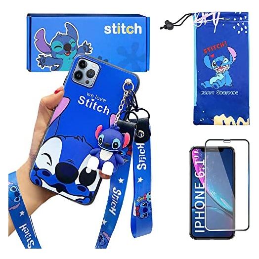 iPhone 13 Pro case with HD Screen Protector, Cute Stitch Cartoon 3D Character Silicone Cover Case for Apple iPhone 13 Pro 6.1" with 2 Lanyard, 1 Cell Phone Stand, 1 Phone Storage Bag