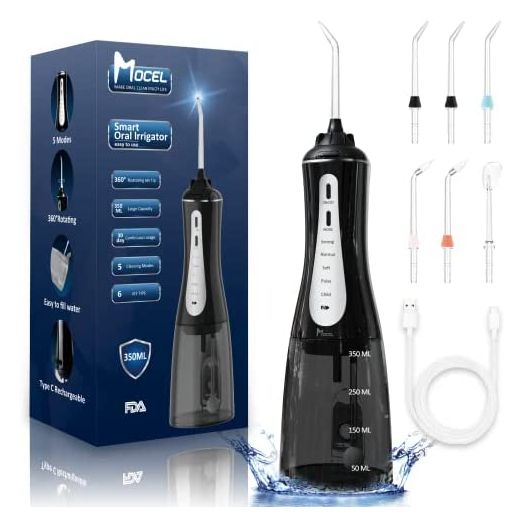 MOCEL Water Dental Flosser Oral Irrigator with 5 Modes, 350ml Cordless Water Teeth Cleaner Pick 6 Tips, IPX7 Waterproof Rechargeable Portable Powerful Battery for Travel & Home Braces & Bridges Care