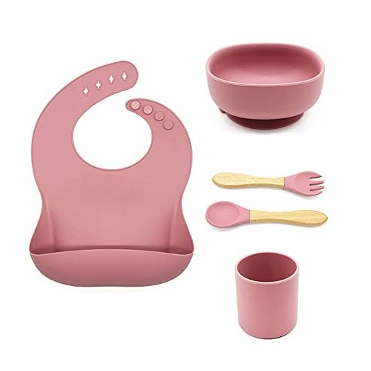 Baby Feeding Set 5 Pcs Silicone Dinner Plates and Cutlery Set, Santi & Me Baby Weaning Bowls with Suction & Silicone Bibs & Spoon and Fork & Toddler Cups Training Dishes Utensils(Dark Pink)