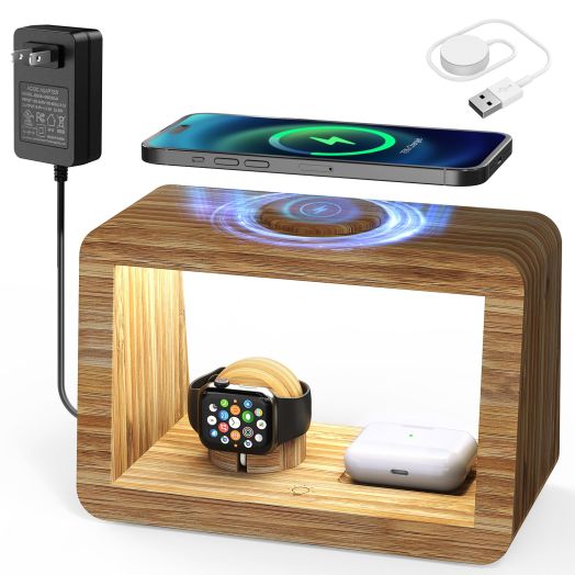 Bamboo Wireless Charging Station: 3-in-1 Wireless Charger with Night Lights - Fast Charging Stand Compatible with iPhone 15/14/13/12/11 Pro Max/X/Xs Max/8, AirPods Pro, iWatch Series 8/7/6/5/SE/4/3/2