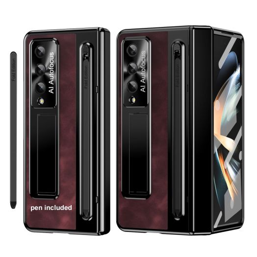 for Samsung Galaxy Z Fold 5 Case with Fold 5 New Slim S Pen (2023) Holder & Capacitance Pen, Hinge Protection, Leather Back, Screen Protector, Wireless Charging, Stand Cover 5G 2023, Rosered