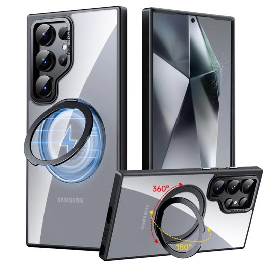for Samsung Galaxy S24 Ultra Case, Matte Clear PC Back, Support MagSafe Accessories, Built-in Magnetic Rotatable Ring Kickstand, Magnetic Slim Stand Phone Case 6.8 Inch 5G 2024, Clear