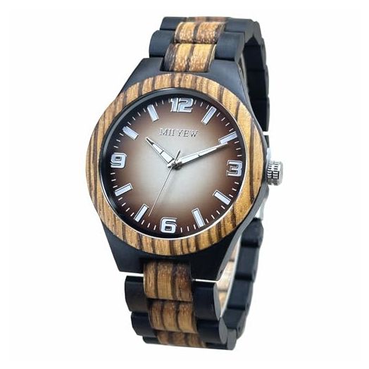 MII YEW Wooden Watch for Men with Gradient Brown Dial Round Wood Watches Japanese Quartz Movement