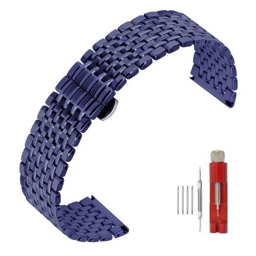 SINAIKE Multi Stripes 22mm Blue Watch Strap Tapered Engravings Stainless Steel Metal Watch Band for Men Women