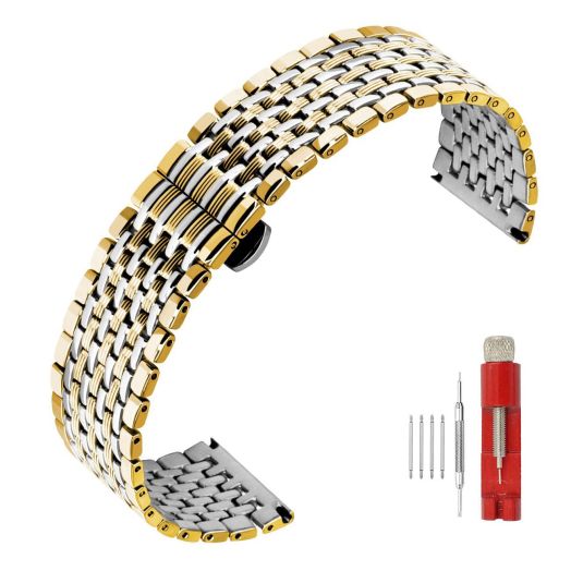 SINAIKE Multi Stripes 22mm Gold Silver Two Tone Watch Strap Tapered Engravings Stainless Steel Metal Watch Band for Men Women