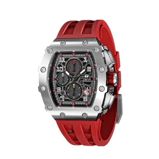 TSAR BOMBA Tonneau Mens Luxury Watch 50M Waterproof Luminous Date Chronograph Wristwatch with Japanese Quartz Movement Sapphire Crystal Silicone Strap Sport Watches Gift for Men