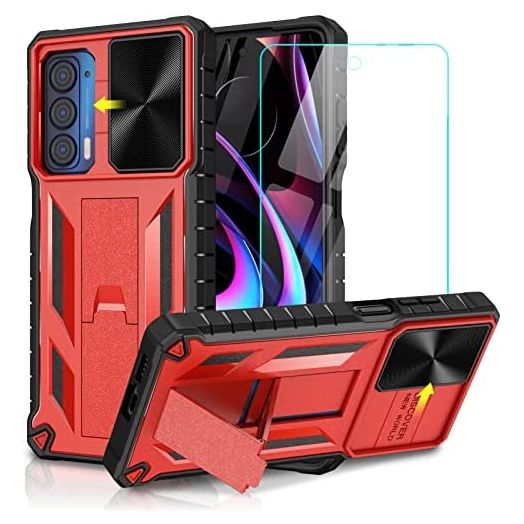 for Motorola Moto Edge 2021 Case | Edge 5G UW Case - with Tempered Glass Screen Protector Built in Kickstand & Slide Camera Cover Protection Shockproof Armor Protective Phone Case - Red