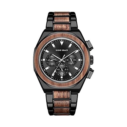 Mens Wooden Watches Business Casual Wristwatches Stylish Ebony Wood & Stainless Steel Combined Chronograph