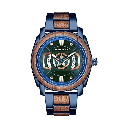 Wood Watches Men's Captain America Multifuctional Wood Watches for Men Stylish Wood & Metal Chronograph Watch Date Display Liminous Quartz Watches