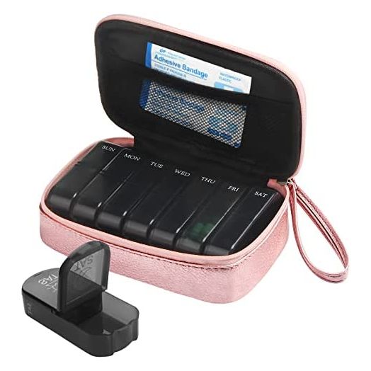 Weekly PU Leather Pill Bag Organizer Case 2 Times a Day, AM PM Daily Pill Box to Hold Vitamin, Fish Oil, Supplements and Medicine (Pink)