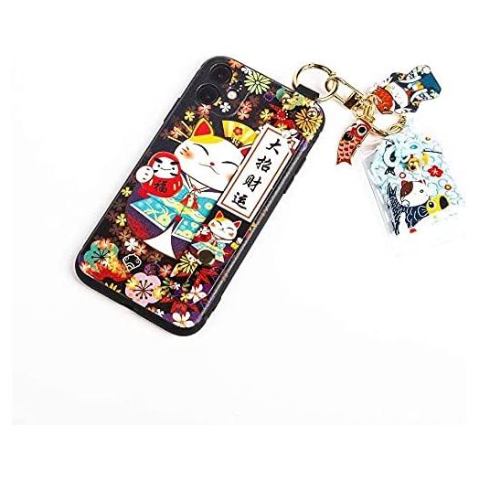 Compatible with iPhone 13 Pro Max Case with Phone Lanyard, 6.7 inch Cute Japanese Lucky Cat Design, Glitter Luxury Soft Silicone 3D Emboss Phone Case with Wrist Strap (iPhone 13 Pro Max, Black)