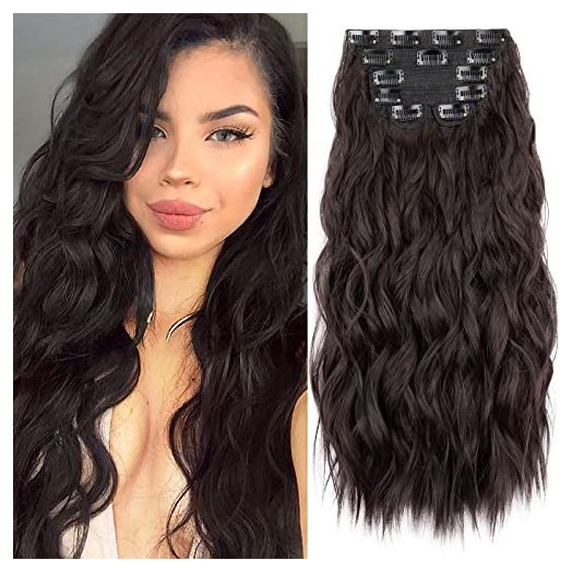 Flvaco Clip In Hair Extensions 20 Inch Dark Brown Wavy Curly (6PCS)