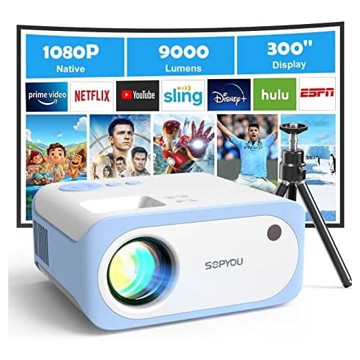 Mini Projector, Native 1080P Full HD 9000L SOPYOU Movie Outdoor Projector 4K Supported with 360° Tripod, Video Mini Portable Projector for HDMI, USB, Laptop, TV Stick, PS5, iOS & Android, U Disk