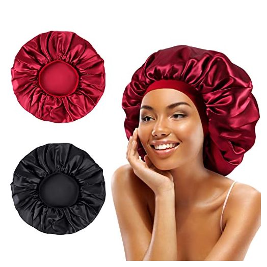 Facynos Large Women Silk Satin-Bonnet - 2 PCS Extra Soft Elastic Band Sleeping Caps for Curly Dreadlock Braid Hair