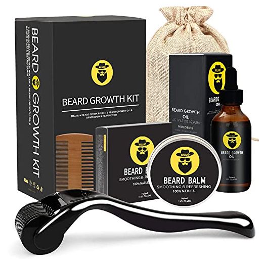 Beard Growth Kit - Derma Roller for Beard Growth, Beard Growth Serum Oil (2oz), Beard Balm and Comb, Stimulate Beard and Hair Growth - Gifts for Men Dad Him Boyfriend Husband Brother