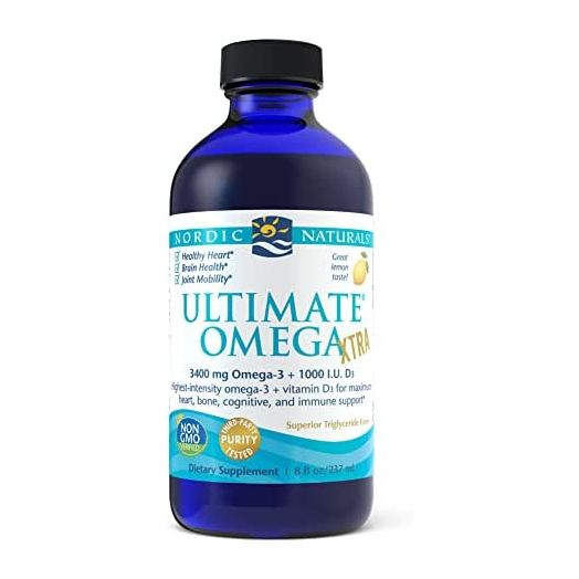 Nordic Naturals Ultimate Omega Xtra Liquid, Lemon Flavor - 8 oz - 3400 mg Omega-3 + 1000 IU Vitamin D3 - Omega-3 Fish Oil - EPA & DHA - Brain, Heart, Joint, & Immune Health - Non-GMO - 48 Servings