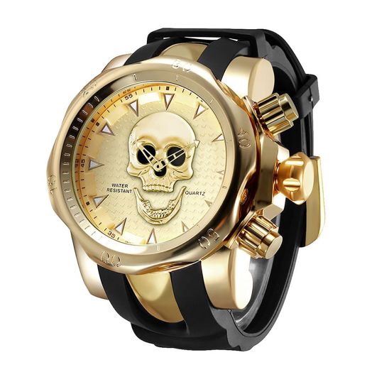 NANOLEAF Watch for Men Analog Wristwatches Skull 3D Ghost Large Cool Dial Design Rotatable Bezel with Silicone Strap Watches (Gold)