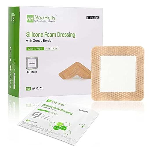 Silicone Adhesive Foam Dressing with Gentle Border 4''x4'' for Bed Sore Leg Ulcer 10 Pack, High Absorbency Waterproof Silicone Wound Bandage for Foot Diabetic Ulcer