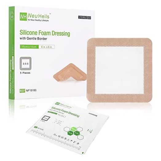 Silicone Adhesive Foam Dressing with Gentle Border 6 x 6 inch for Bed Sore Leg Ulcer, 5 Pack, High Absorbency Waterproof Silicone Wound Bandage for Pressure Ulcer by NeuHeils