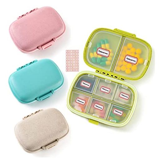 4 Pack Daily Pill Case Organizer, 8 Compartment Pill Box Drug Medicine Case, Waterproof Pill Supplement Case, Portable Travel Pocket Container Compact for Vitamin, Cod Liver Oil, Pink+Blue+Green+Khaki