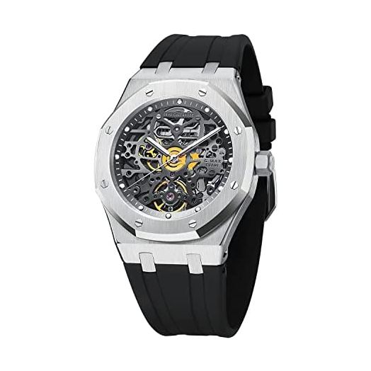 Automatic Mechanical Watch Skeleton Stainless 50M Waterproof Anti Shock Casual Diver Men Wrist Watch Sterling Watches Chronograph Analog Business Casual Fashion Adjustable Silicone Band