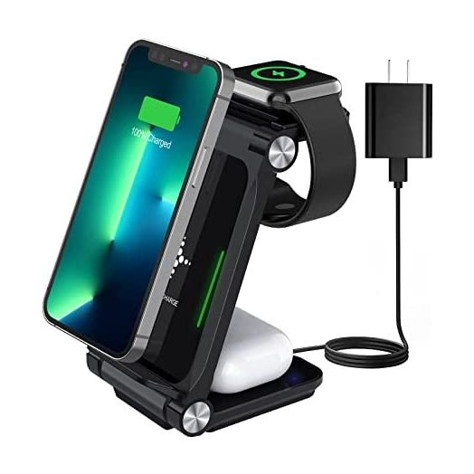 Kertxin Wireless Charger Stand,Foldable 3 in 1 Wireless Charging Station Dock for Apple Watch 7 6 SE 5 4 3 2, Airpods Pro/2, iPhone 13 Pro Max/13 Pro/13/Mini/12/12 Pro/11/11 Pro/X, Qi-Certified Phones