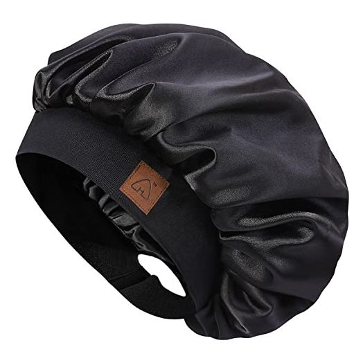 HAT HUT Satin Bonnet Silk Bonnet Sleep Cap for Women Hair Bonnet for Curly Natural Hair Sleeping Adjustable Wide Band Double Layer (BLACK)