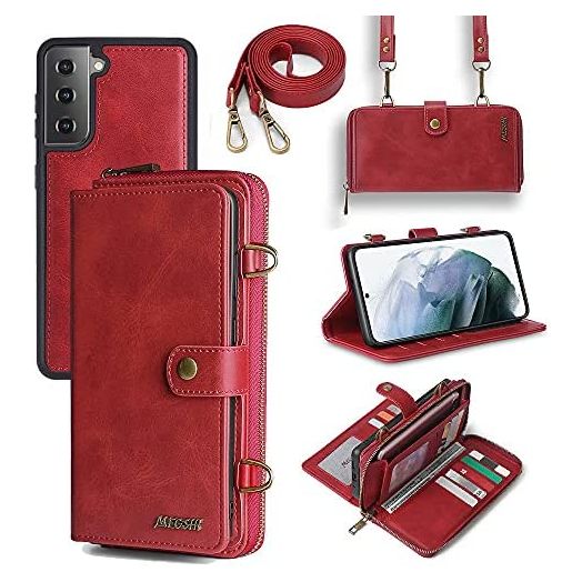 TwoHead Galaxy S22 Wallet Case,Galaxy S22 Case with Card Holder,Case Wallet Magnetic Detachable 3 in 1 Leather Flip Wallet with 13 Card Slots,Kickstand,Hand &Crossbody Strap,Zipper Wallet (Red)