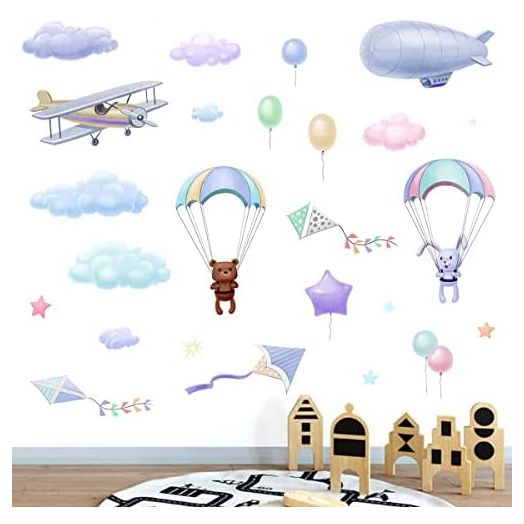 WOYINIS Colorful Flying Hot Air Balloons Animal Wall Decals, DIY Airplane Clouds Stars Kites Wall Stickers, Peel & Stick Removable Kids Room Playroom Wall Decor, Classroom Baby Nursery Room Decorations