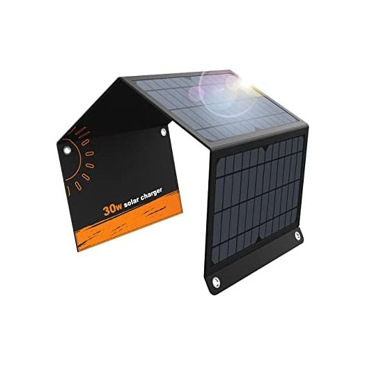 Solar Charger 30W 2USB and 1DC Ports Solar Panels with 3 Foldable Panel Upgrade Has High Conversion(5V/5A Max) Rate Portable Solar Phone Charger Compatible with iPhone Samsung More USB and DC Devices