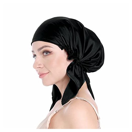 SissiLita 100% Silk Bonnet for Sleeping, Hair Bonnet with Tie Band, Large Silk Sleep Cap for Curly Hair, Silk Hair Wrap for Hair Care (Black)