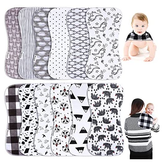 Baby Burp Cloths & Baby Bibs 2-in-1 Design Large Size 3 Layers Thicken 100% Cotton Super Absorbent and Soft Baby Spit Up Burping Rags Baby Burp Cloth Set for Boys and Girls 12 Pack