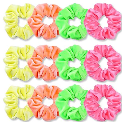 IVARYSS Neon Scrunchies for Hair 80s, Premium Velvet Soft Hair Scrunchy, Solid Colors Thick Elastic Bands, Hair Accessories for Women and Girls, 12 Pack
