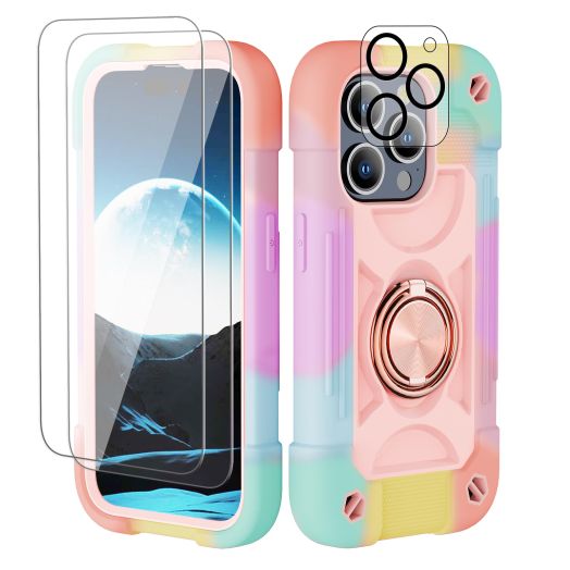 Compatible with iPhone 15 Pro Case 6.1" - Heavy-Duty Shockproof Military-Grade Rugged Cover with Ring Stand, Glass Screen Protector & Camera Lens Protector (Rainbow Pink)