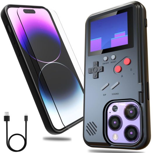 Gameboy Phone Case for iPhone 14 Pro Max with Tempered Glass Phone Screen Protector,Full Color Display 36 Retro Classic Games, Protective Cover Self-Powered (Black)