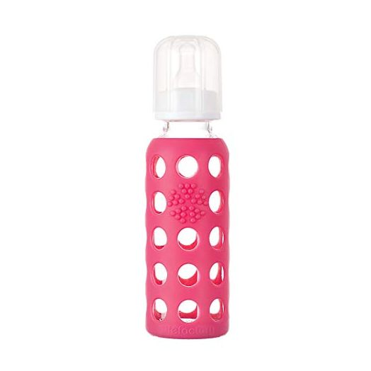 Lifefactory 9-Ounce Glass Baby Bottle with Stage 2 Nipple and Protective Silicone Sleeve Raspberry