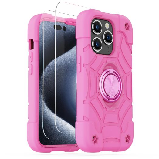 KCJ Compatible with iPhone 15 Pro max case with[2×Screen Protectors] Duty 3-Layer Rugged Pocket-Friendly Military Grade Shockproof/Drop Proof/Heavy Duty Phone case 6.7 inch. (Pink)