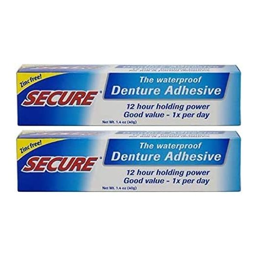 Secure Waterproof Denture Adhesive - Zinc Free - Extra Strong Hold For Upper, Lower or Partials - 1.4 oz (Pack of 2)