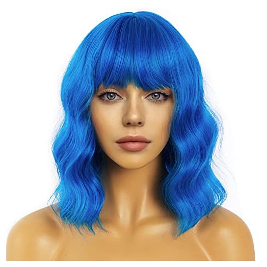 LANCAINI Short Bob Wigs with Bangs for Women Loose Wavy Blue Wig Curly Wavy Shoulder Length Bob Synthetic Cosplay Wig for Girl Colorful Costume Wigs(Blue)