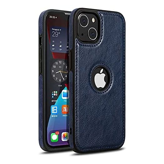 Hemduty Logo Visible Compatible with iPhone 13 Case Luxury Vegan Leather Ultra Slim Business Cover 2021 6.1 Inch (Blue)
