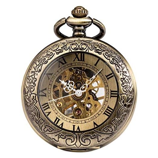 ManChDa Mechanical Pocket Watch, for Men Women Special Magnifier Half Hunter Double Open Engraved Case Roman Numerals with Chain + Box