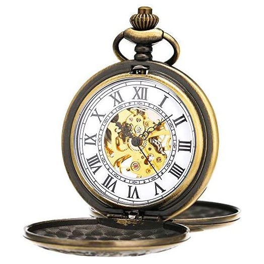 ManChDa Pocket Watch - Engraved Bronze Retro Vintage Double Hunter Series Skeleton Dial Delicate Mechanical Movement + Gift Box